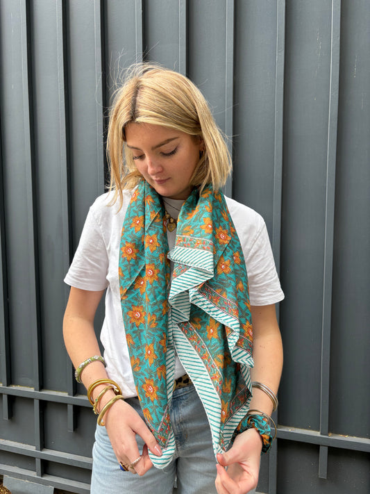 Foulard Blockprint Orange et Turquoise - La P'tite Cachottière