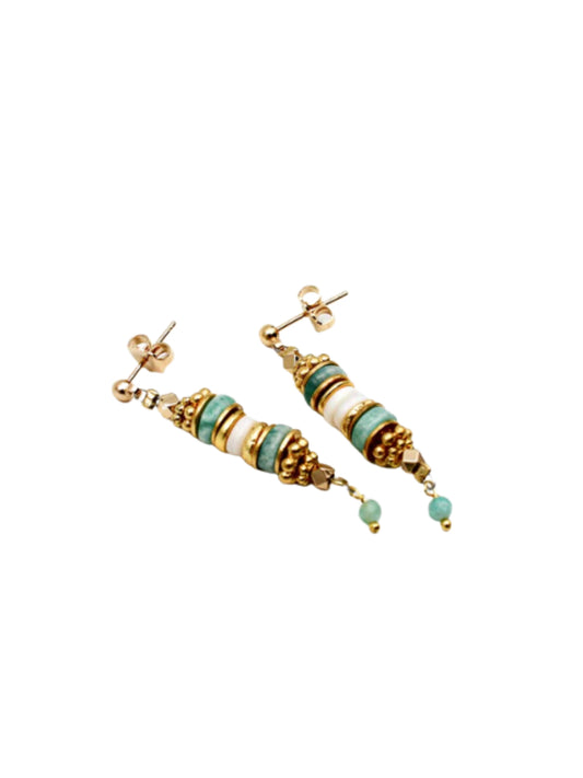 Boucles d'oreilles tiges heishi Dorée / Nacre / Amazonite - L'Atelier Des Dames