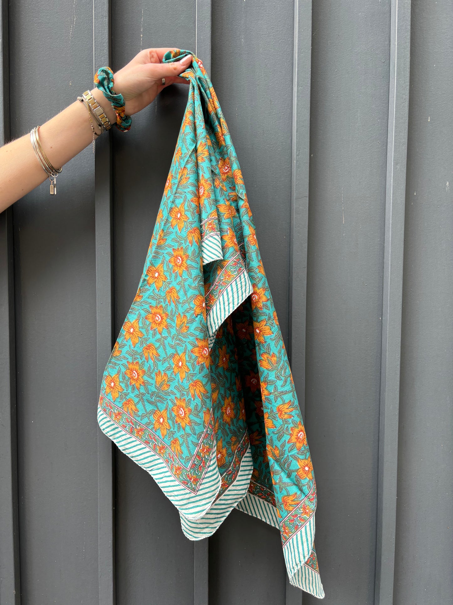 Foulard Blockprint Orange et Turquoise - La P'tite Cachottière