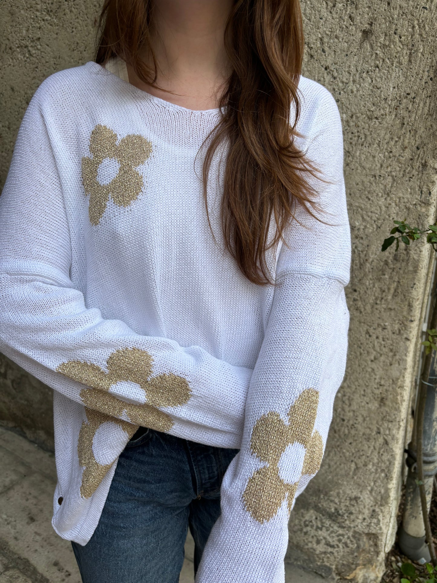 Pull V Fleurs Lurex Blanc