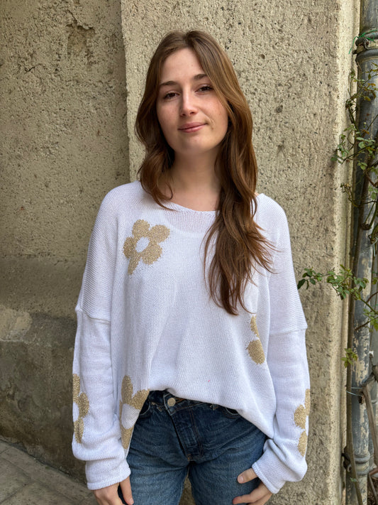 Pull V Fleurs Lurex Blanc