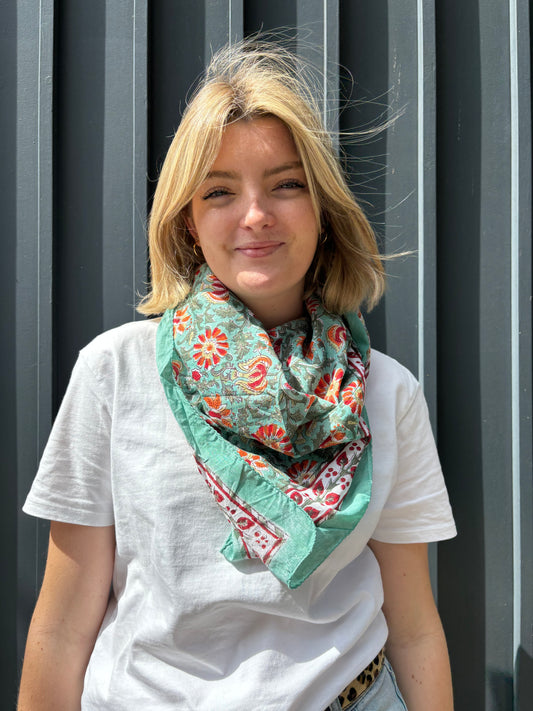 Foulard Blockprint Bleu Clair et Orange - La P'tite Cachottière