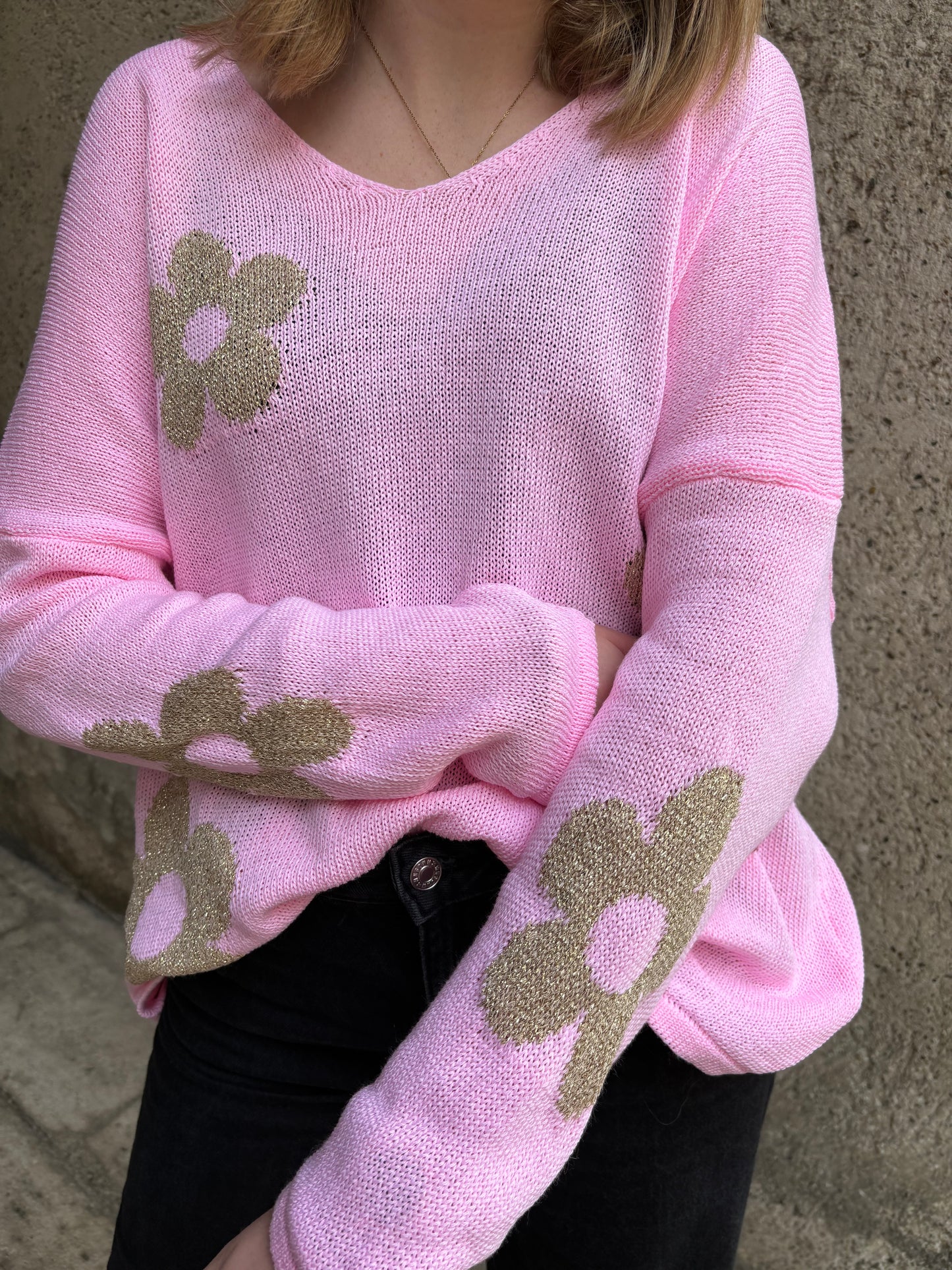 Pull V Fleurs Lurex Rose