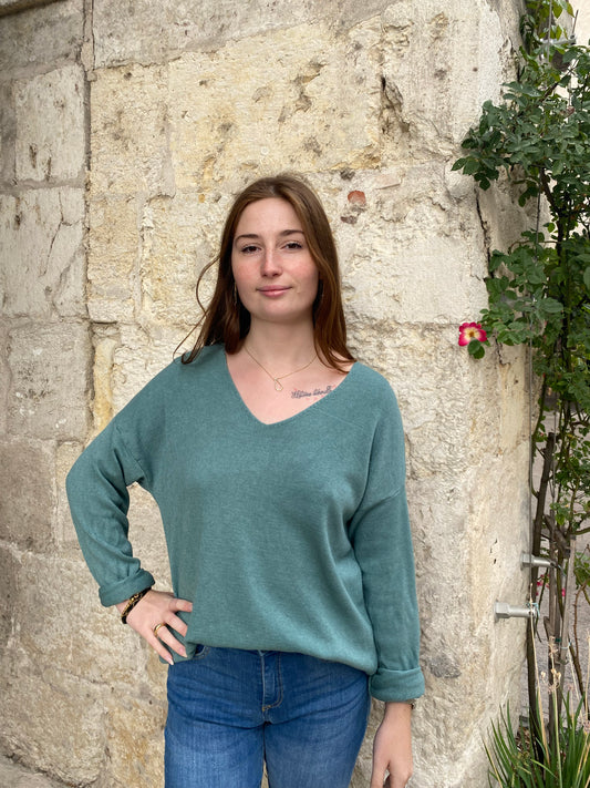 Pull V Bande lurex Celadon