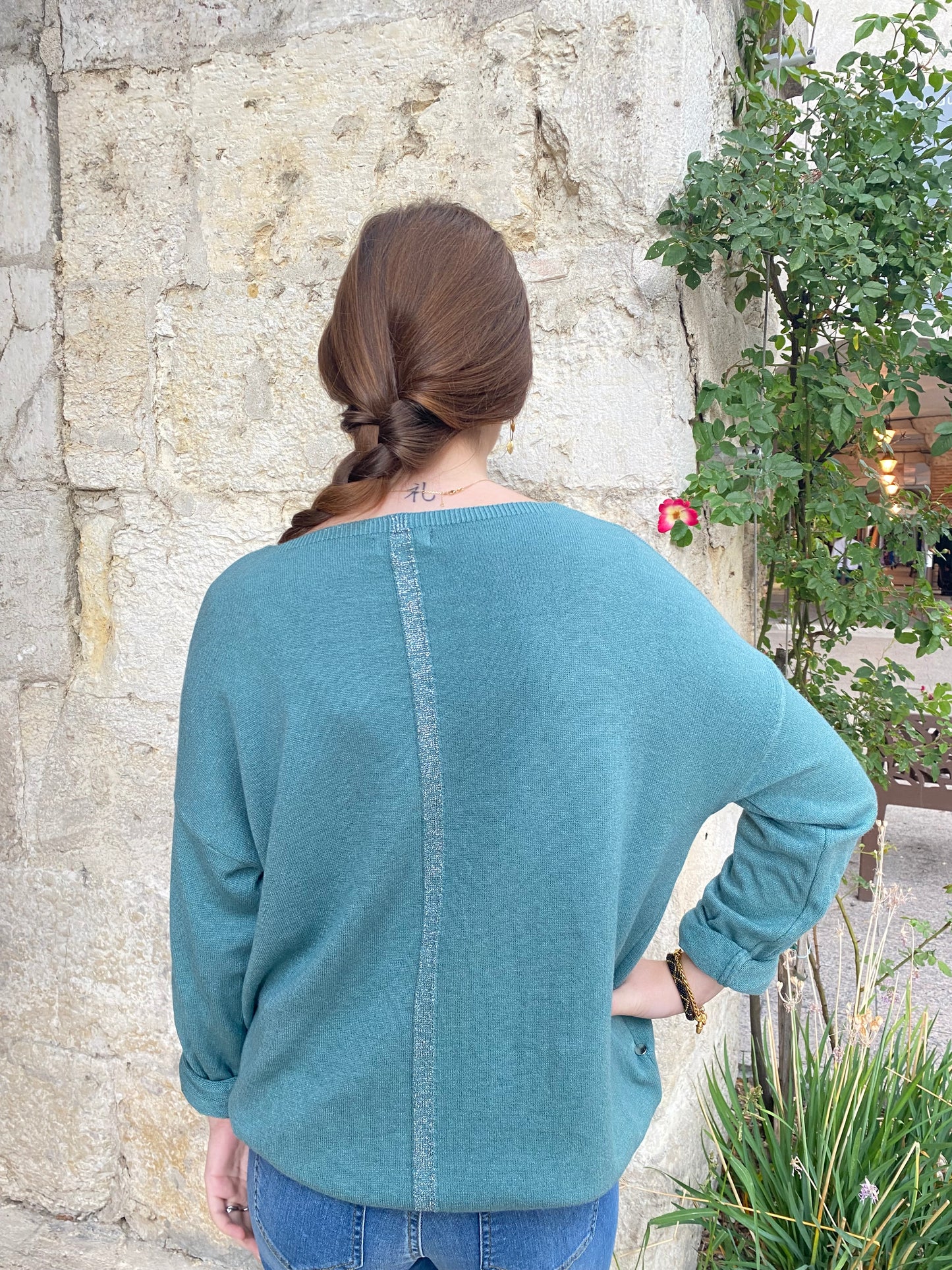 Pull V Bande lurex Celadon