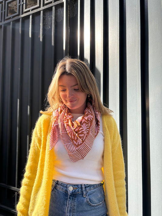 Foulard Blockprint Marron et Rose - La P'tite Cachottière