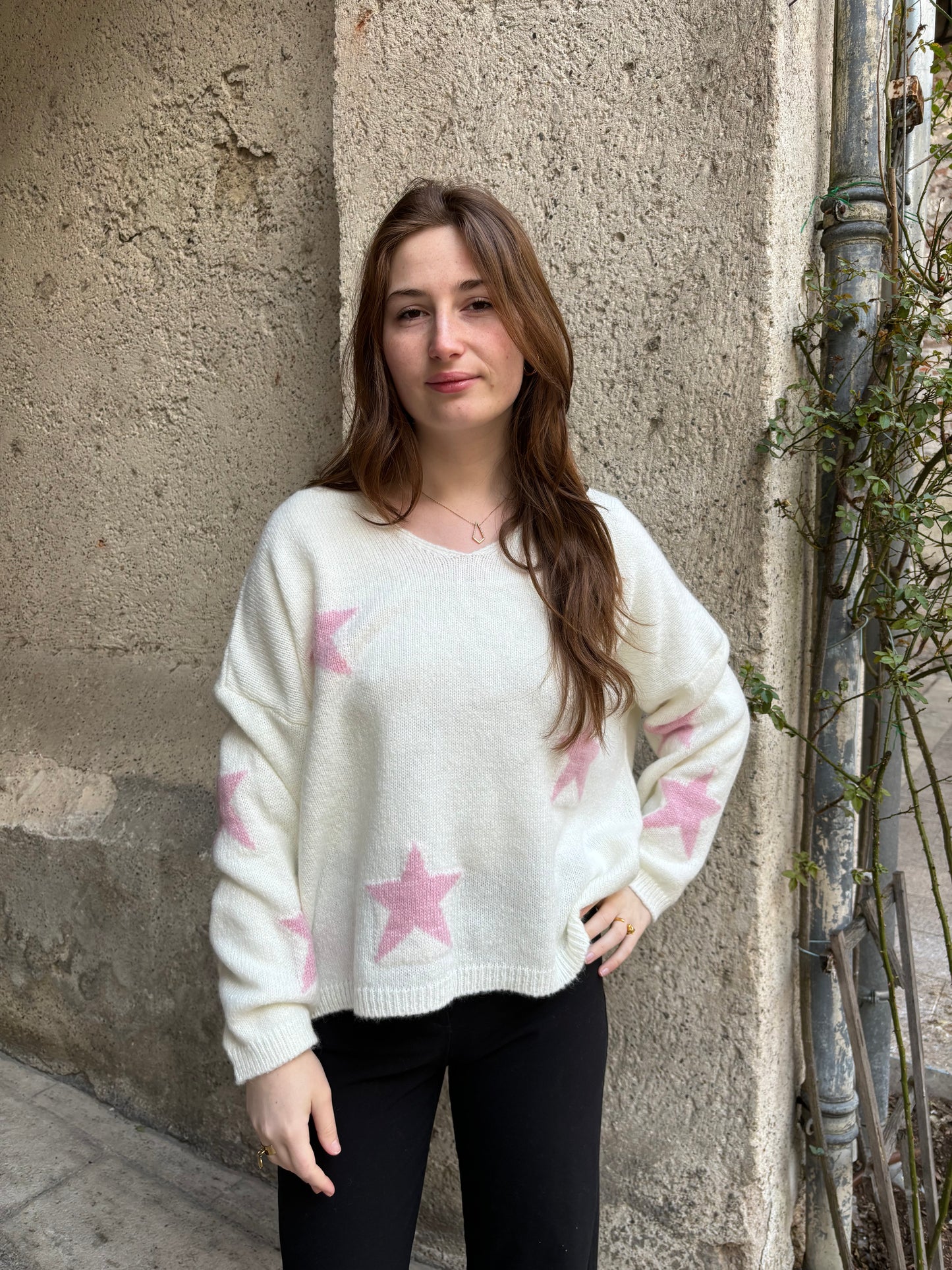 Pull V Etoile Rose